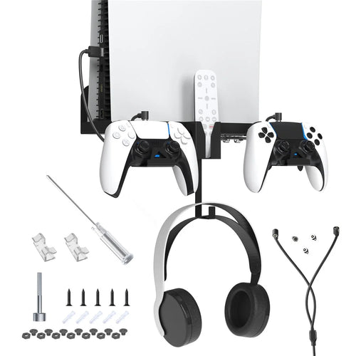 JYS JYS-P5173 Multi-Function Wall Mount Kit for Sony PS5 Game Console Controller Holder with 2-in-1 Magnetic Charging Cable - Black - 1