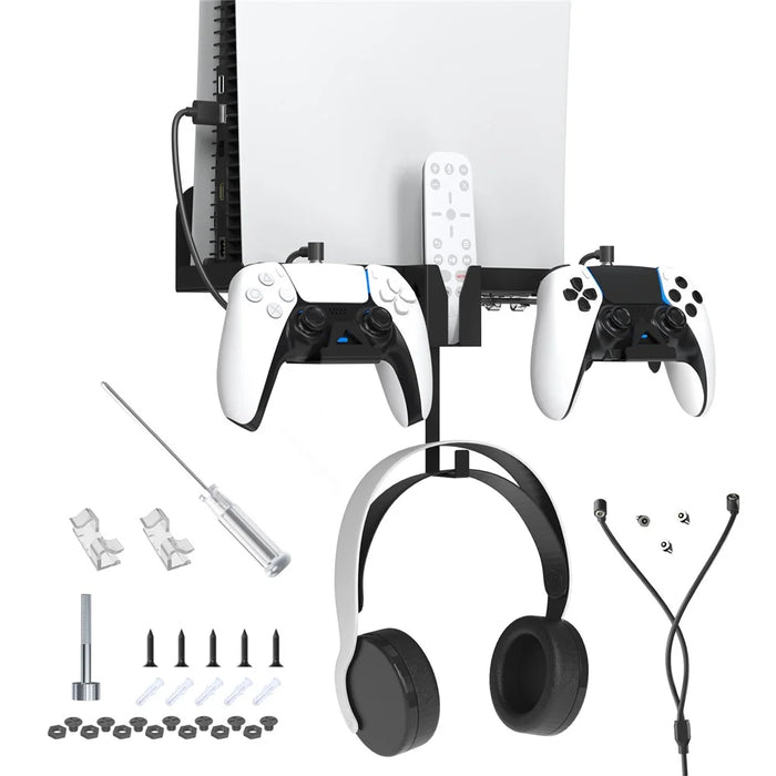 JYS JYS-P5173 Multi-Function Wall Mount Kit for Sony PS5 Game Console Controller Holder with 2-in-1 Magnetic Charging Cable - Black - 1