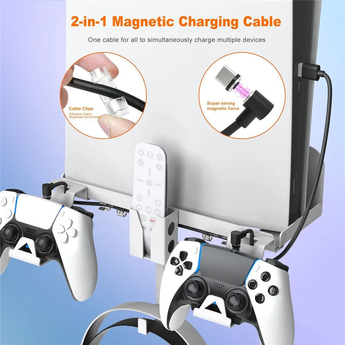 JYS JYS-P5173 Multi-Function Wall Mount Kit for Sony PS5 Game Console Controller Holder with 2-in-1 Magnetic Charging Cable - Black - 2