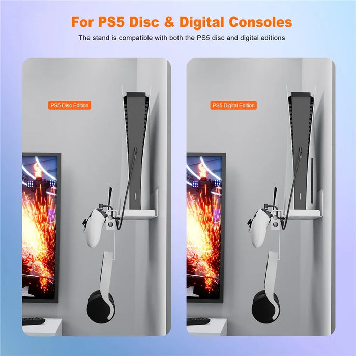 JYS JYS-P5173 Multi-Function Wall Mount Kit for Sony PS5 Game Console Controller Holder with 2-in-1 Magnetic Charging Cable - Black - 7
