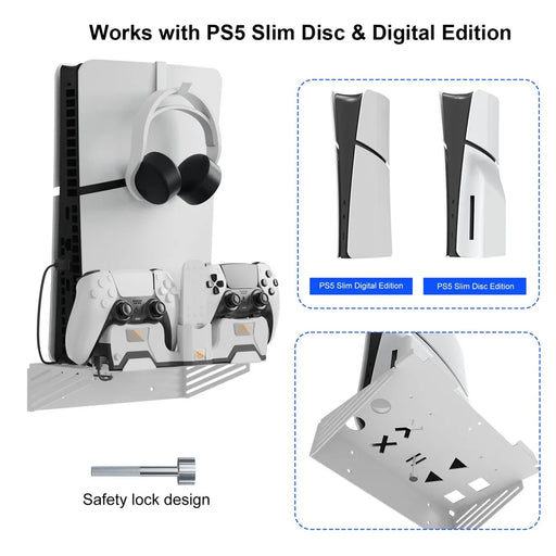 JYS JYS-P5181 Game Console Wall Mount Stand with Charging Dock for Sony PS5 / PS5 Slim Controller Charging Station Holder - 2