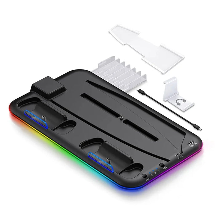 For PS5 Cooling Stand with VR2 Controller Charging Dock, Game Disc Storage, and Headset Holder - Black - 1