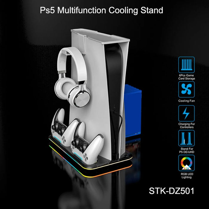 For PS5 Cooling Stand with VR2 Controller Charging Dock, Game Disc Storage, and Headset Holder - Black - 3