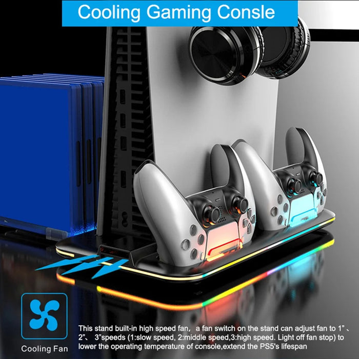 For PS5 Cooling Stand with VR2 Controller Charging Dock, Game Disc Storage, and Headset Holder - Black - 4