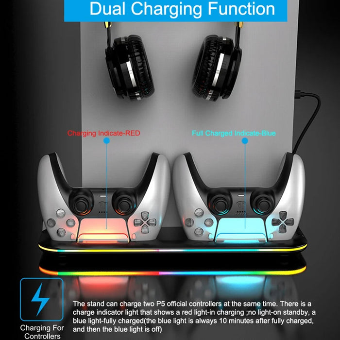 For PS5 Cooling Stand with VR2 Controller Charging Dock, Game Disc Storage, and Headset Holder - Black - 5