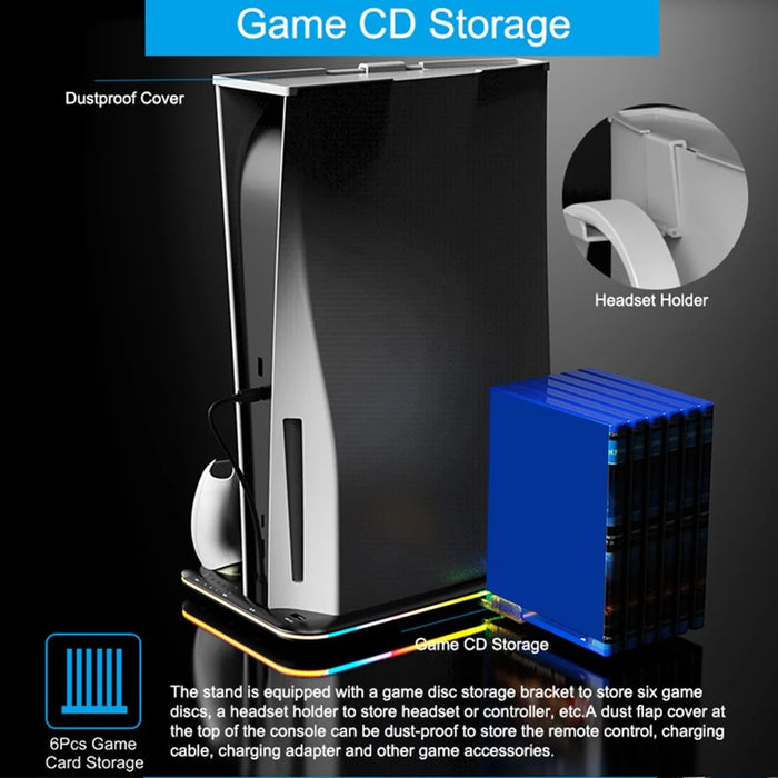 For PS5 Cooling Stand with VR2 Controller Charging Dock, Game Disc Storage, and Headset Holder - Black - 6