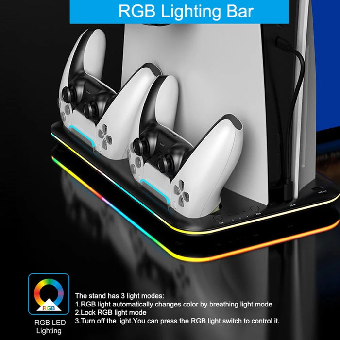 For PS5 Cooling Stand with VR2 Controller Charging Dock, Game Disc Storage, and Headset Holder - Black - 7