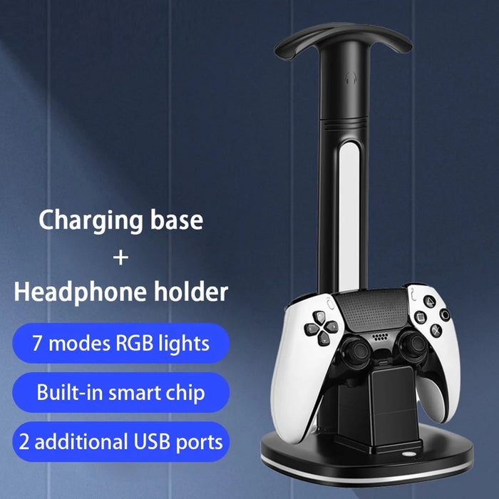 RGB Light Game Controller Charger Dock Headphone Holder with 2*USB Port - For PS4 - 2