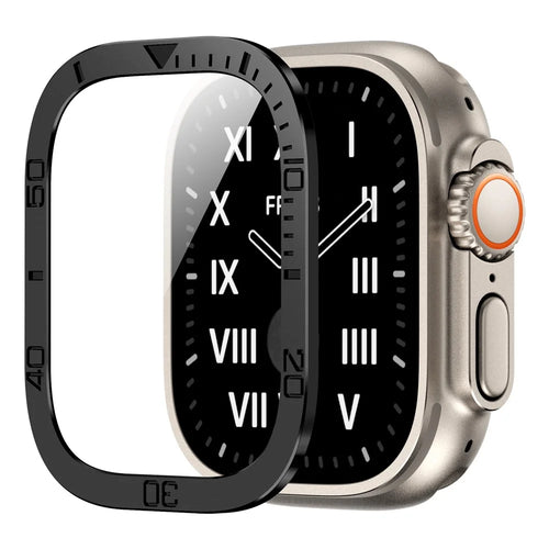 For Apple Watch Ultra 3 / Ultra 2 / Ultra 49mm Watch Case Aluminum Alloy Cover with Tempered Glass Protector - Black - 1