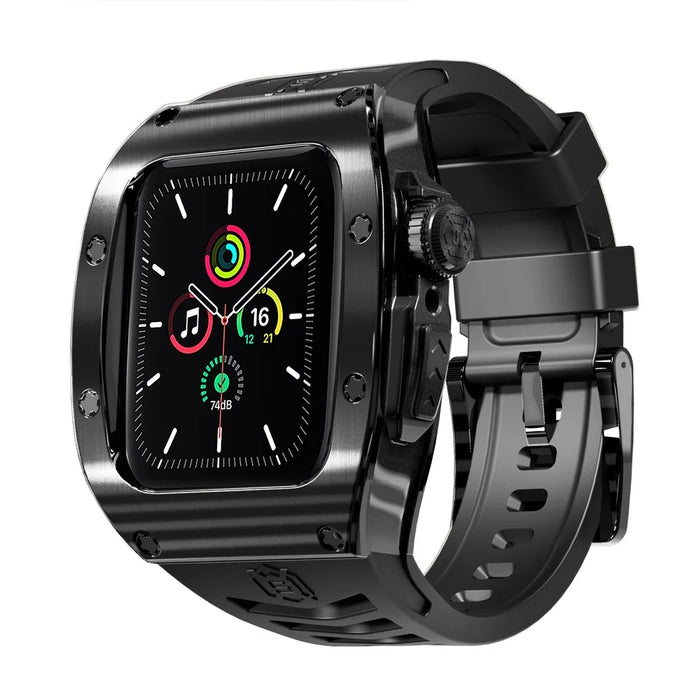 SHELLBOX For Apple Watch Series SE3 / SE2 / SE1 /  6 / 5 / 4 44mm / Series 7 / 8 45mm Metal Watch Frame Case with Strap - Black - 1
