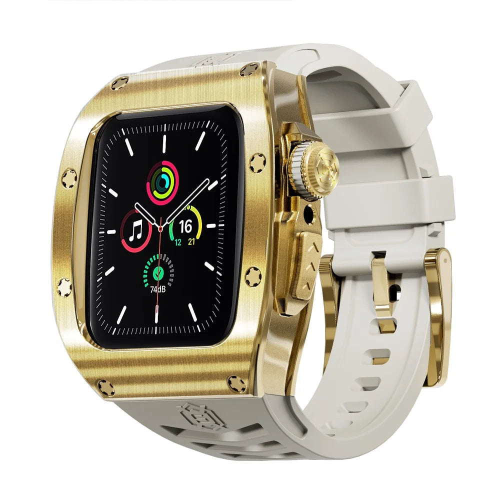 SHELLBOX For Apple Watch Series SE3 / SE2 / SE1 /  6 / 5 / 4 44mm / Series 7 / 8 45mm Watch Strap with Metal Frame Case - Gold+White - 1