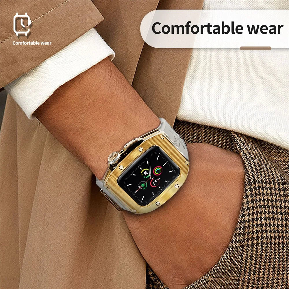SHELLBOX For Apple Watch Series SE3 / SE2 / SE1 /  6 / 5 / 4 44mm / Series 7 / 8 45mm Watch Strap with Metal Frame Case - Gold+White - 2