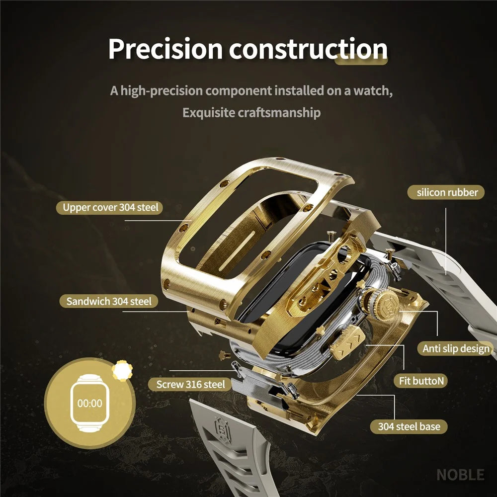 SHELLBOX For Apple Watch Series SE3 / SE2 / SE1 /  6 / 5 / 4 44mm / Series 7 / 8 45mm Watch Strap with Metal Frame Case - Gold+White - 4