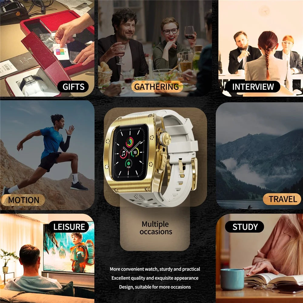 SHELLBOX For Apple Watch Series SE3 / SE2 / SE1 /  6 / 5 / 4 44mm / Series 7 / 8 45mm Watch Strap with Metal Frame Case - Gold+White - 6