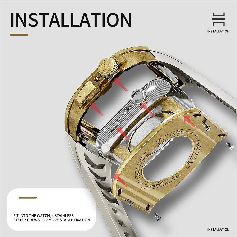 SHELLBOX For Apple Watch Series SE3 / SE2 / SE1 /  6 / 5 / 4 44mm / Series 7 / 8 45mm Watch Strap with Metal Frame Case - Gold+White - 7