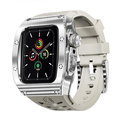 SHELLBOX For Apple Watch Series SE3 / SE2 / SE1 /  6 / 5 / 4 44mm / Series 7 / 8 45mm Metal Watch Case with Strap - Steel+White - 1