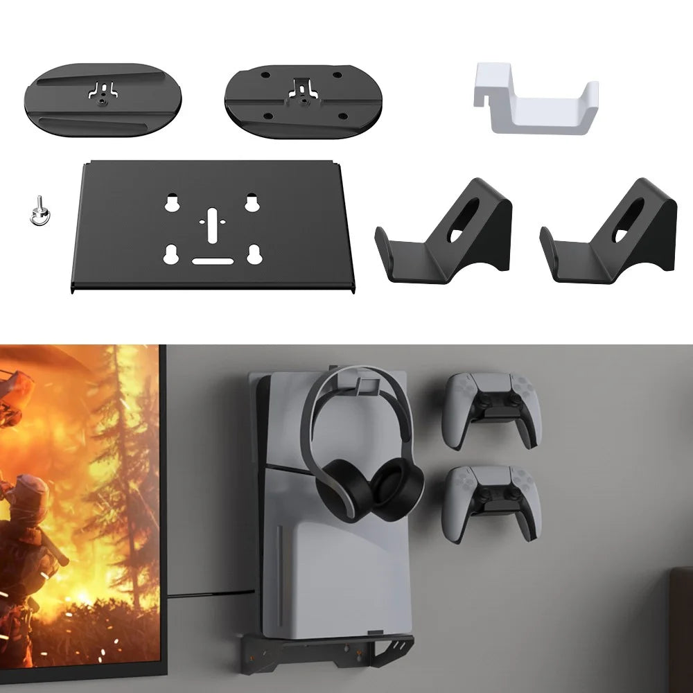 DOBE TP5-3502 Wall Mount Holder for Sony PS5 / Slim Console Bracket Set with Controller Hook, Headset Hook - 1