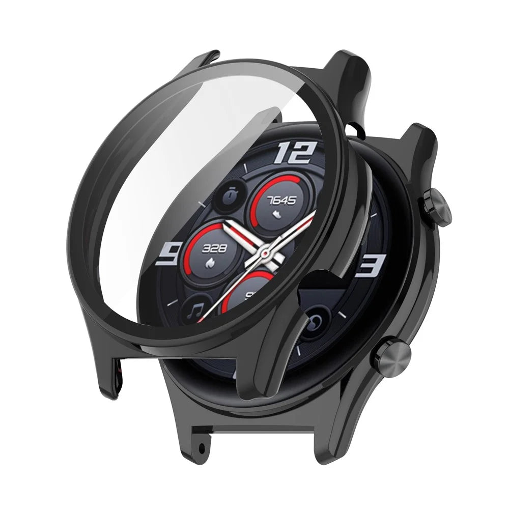 For Honor Watch GS 4 Smartwatch Frame Cover Hard PC Case with Tempered Glass Screen Film - Black - 1
