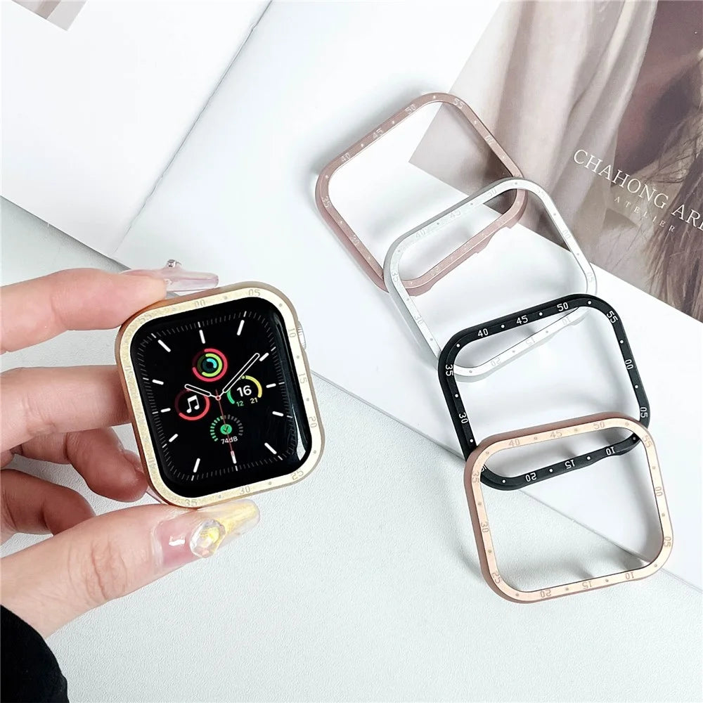 For Apple Watch Series 9  /  8  /  7 45mm Case Aluminum Alloy Watch Protective Cover with Dial Plate - Gold - 4