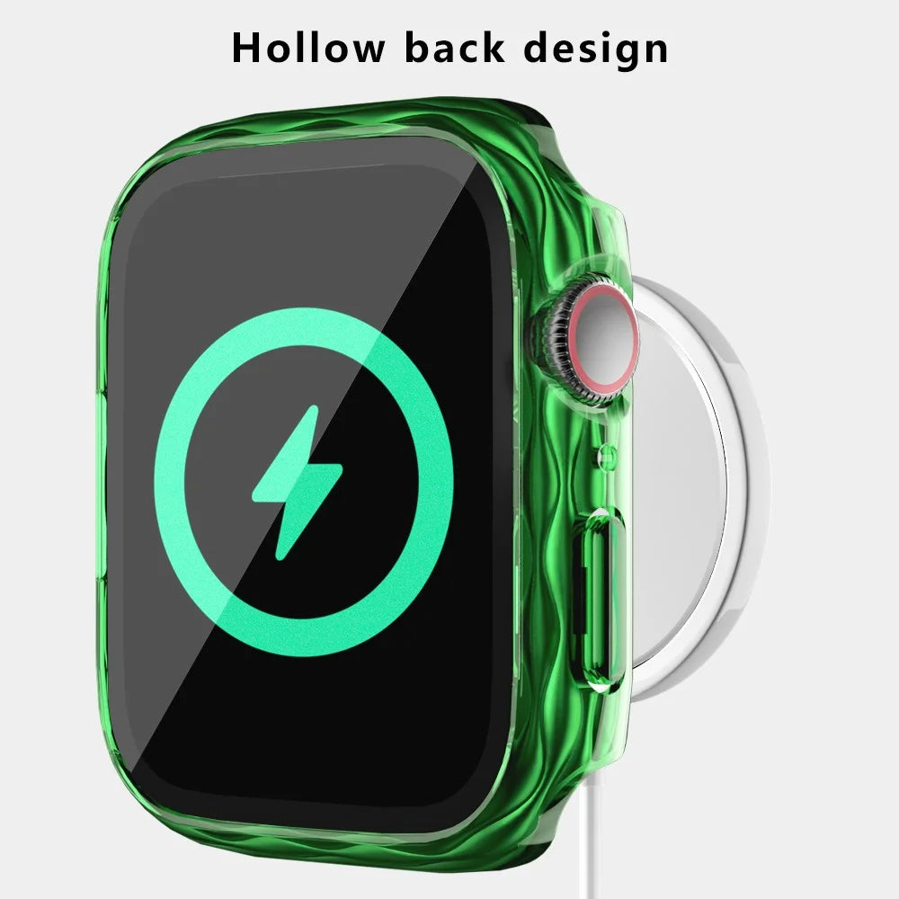 For Apple Watch Series 9 / 8 / 7 41mm Watch Frame Hard PC Wavy Texture Cover with Tempered Film - Transparent Green - 3