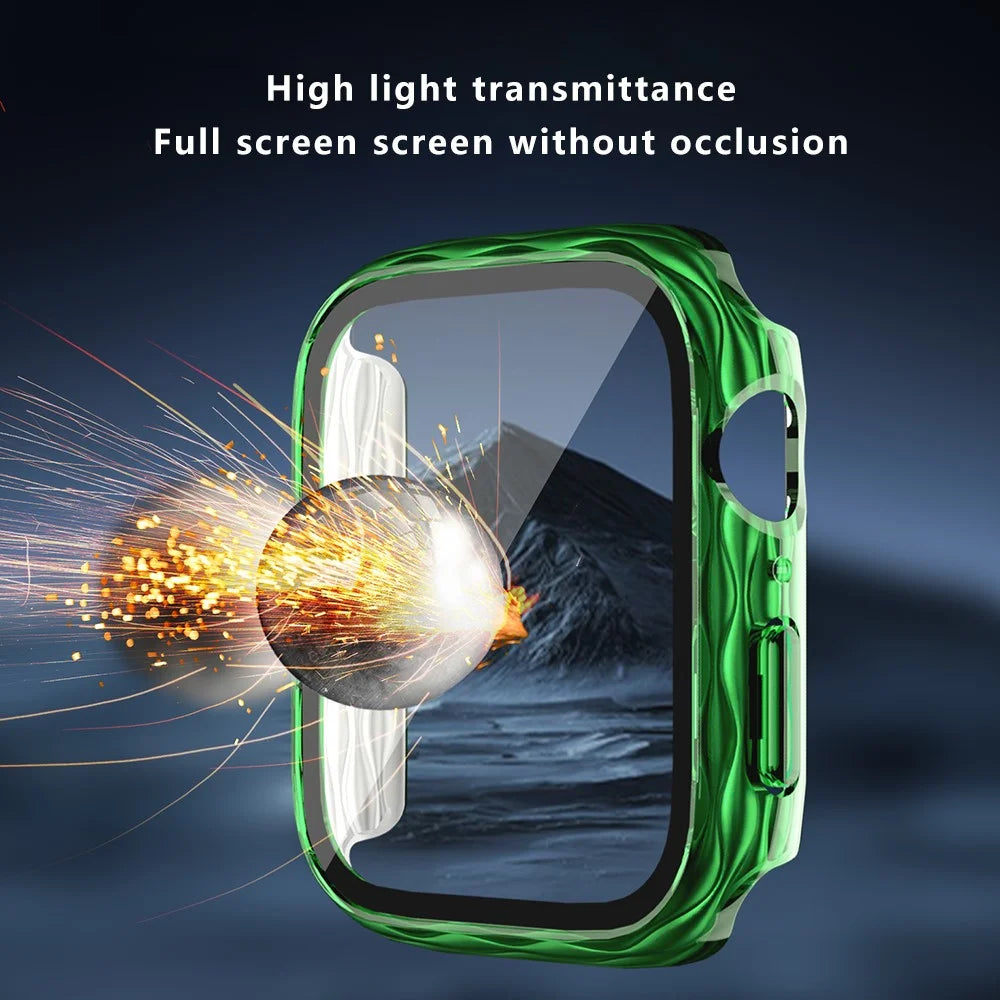 For Apple Watch Series 9 / 8 / 7 41mm Watch Frame Hard PC Wavy Texture Cover with Tempered Film - Transparent Green - 4