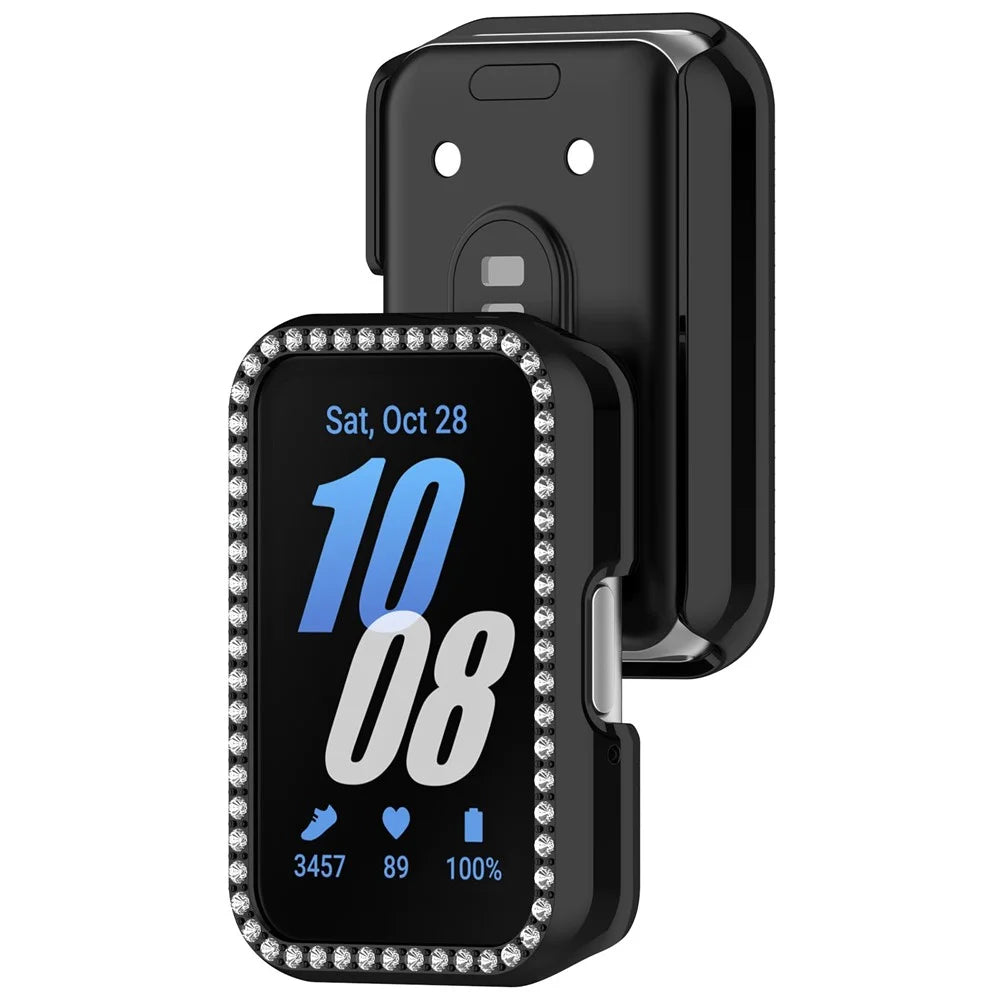 For Samsung Galaxy Fit3 (SM-R390) Rhinestone Decor PC Watch Case Anti-Scratch Hollow Frame - Electroplated Black - 6