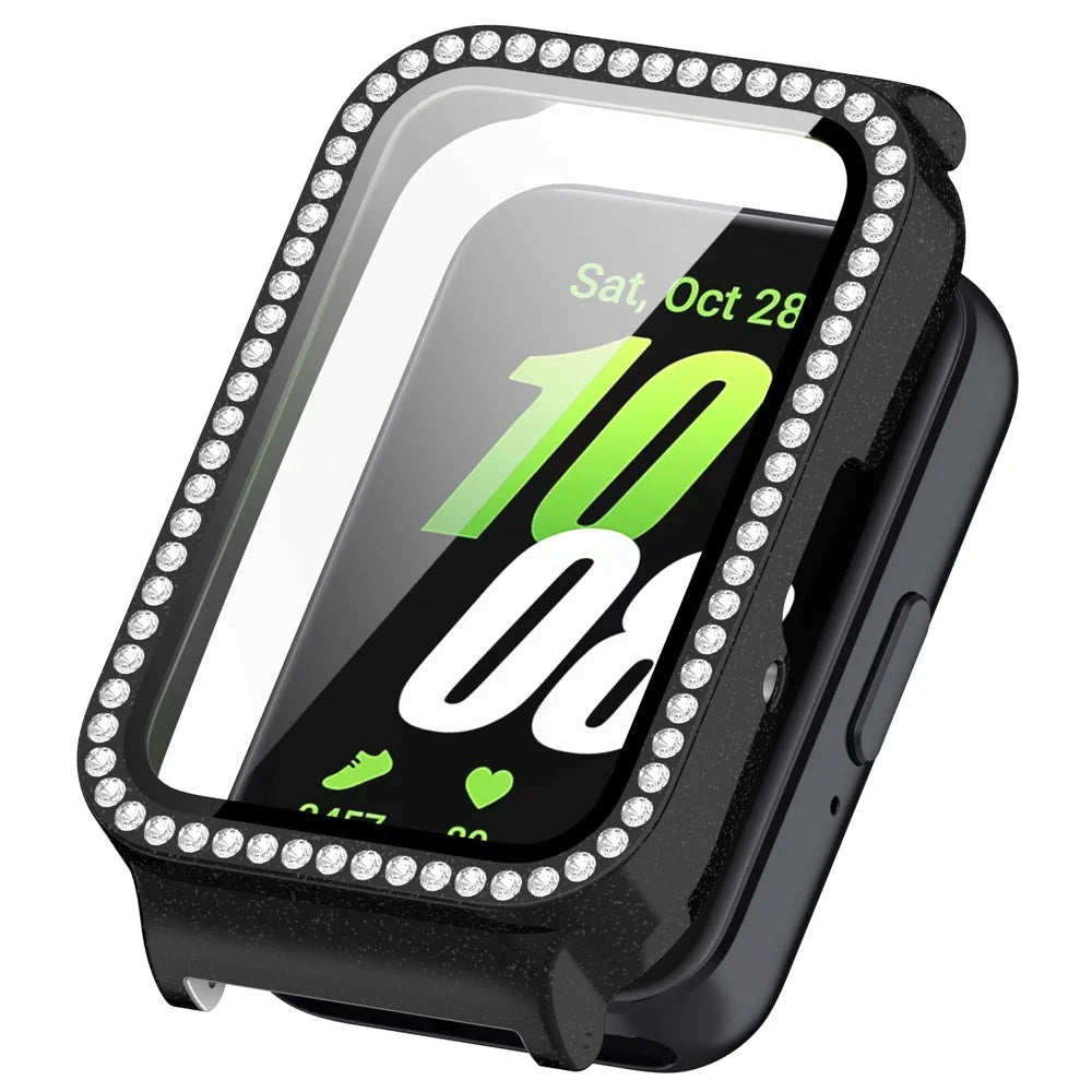 Watch Case for Samsung Galaxy Fit3 Rhinestone Decor PC Cover with Tempered Glass Screen Film - Electroplated Black - 1