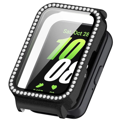 Watch Case for Samsung Galaxy Fit3 Rhinestone Decor PC Cover with Tempered Glass Screen Film - Electroplated Black - 1