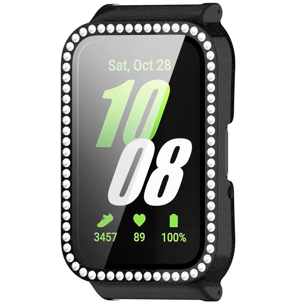 Watch Case for Samsung Galaxy Fit3 Rhinestone Decor PC Cover with Tempered Glass Screen Film - Electroplated Black - 2