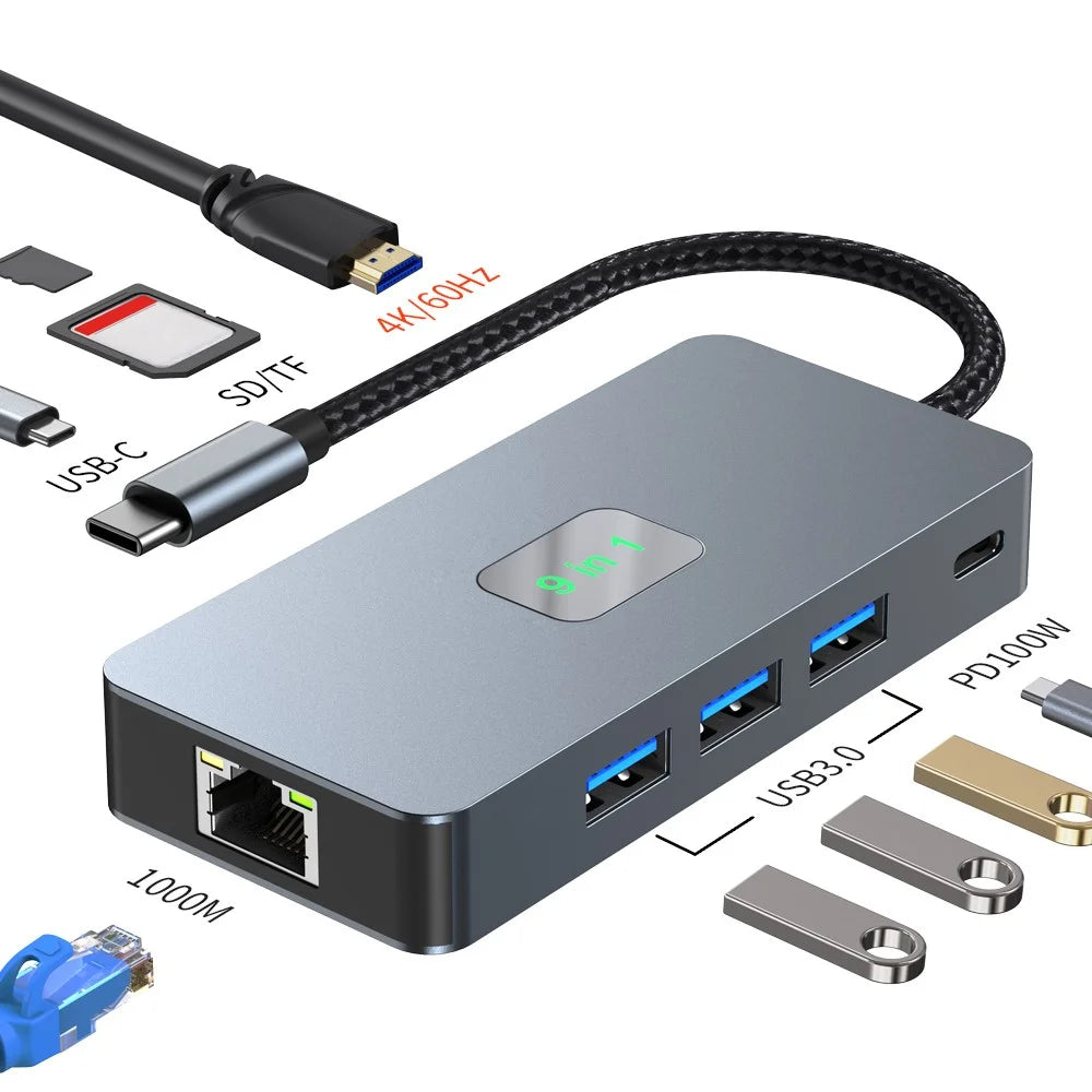 2318 Type-C Hub with 3xUSB 3.0+HD Video Output+2xCard Readers+PD 100W+RJ45 Ethernet+USB-C Data Converter - 2