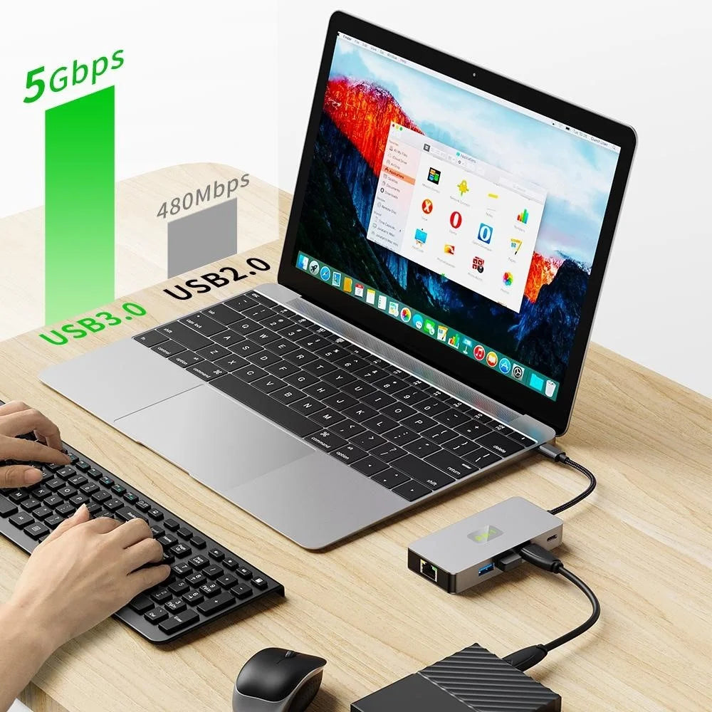 2318 Type-C Hub with 3xUSB 3.0+HD Video Output+2xCard Readers+PD 100W+RJ45 Ethernet+USB-C Data Converter - 4