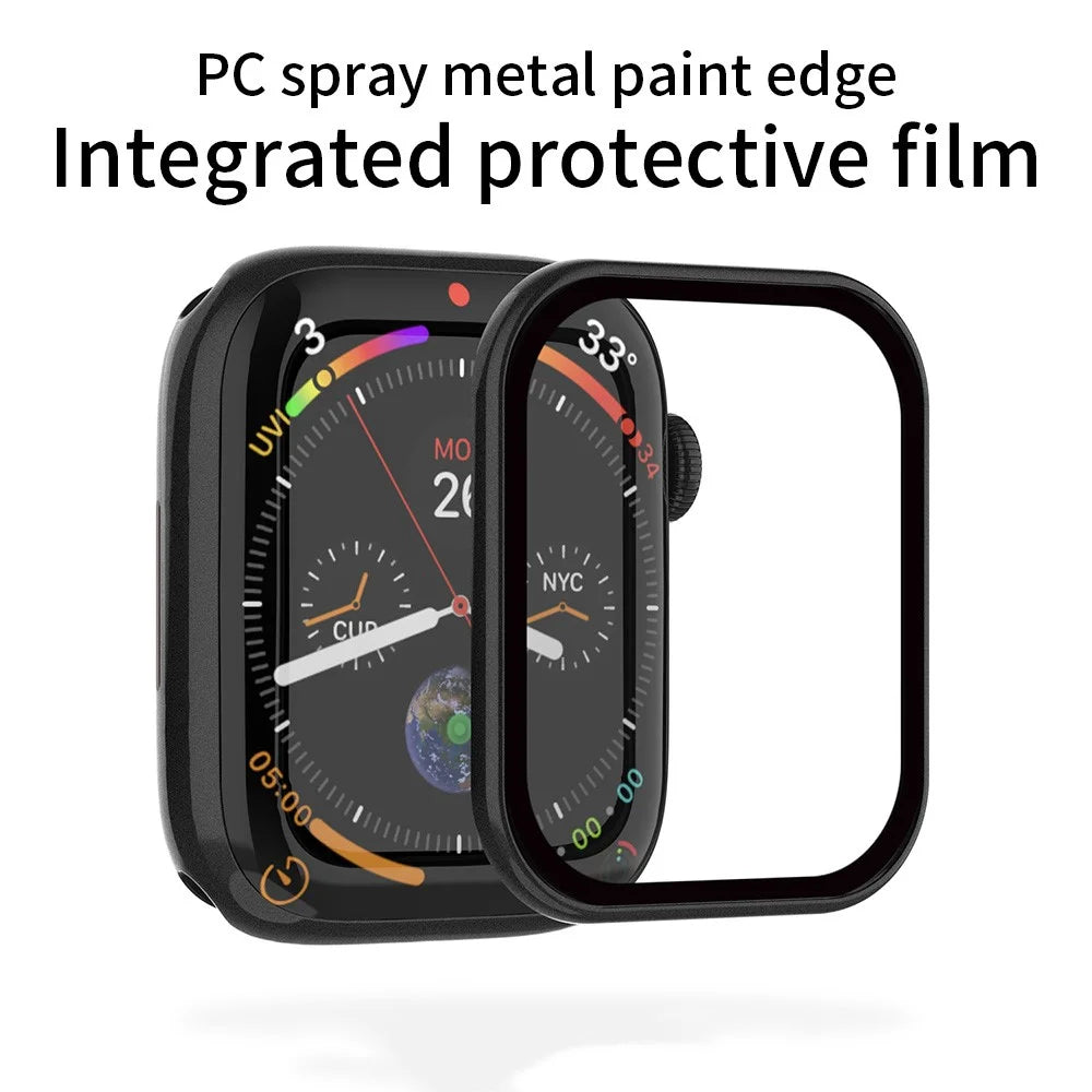 RURIHAI Tempered Glass Screen Film for Apple Watch Series 9  /  8  /  7 45mm PC Frame Watch Screen Protector - Black - 3