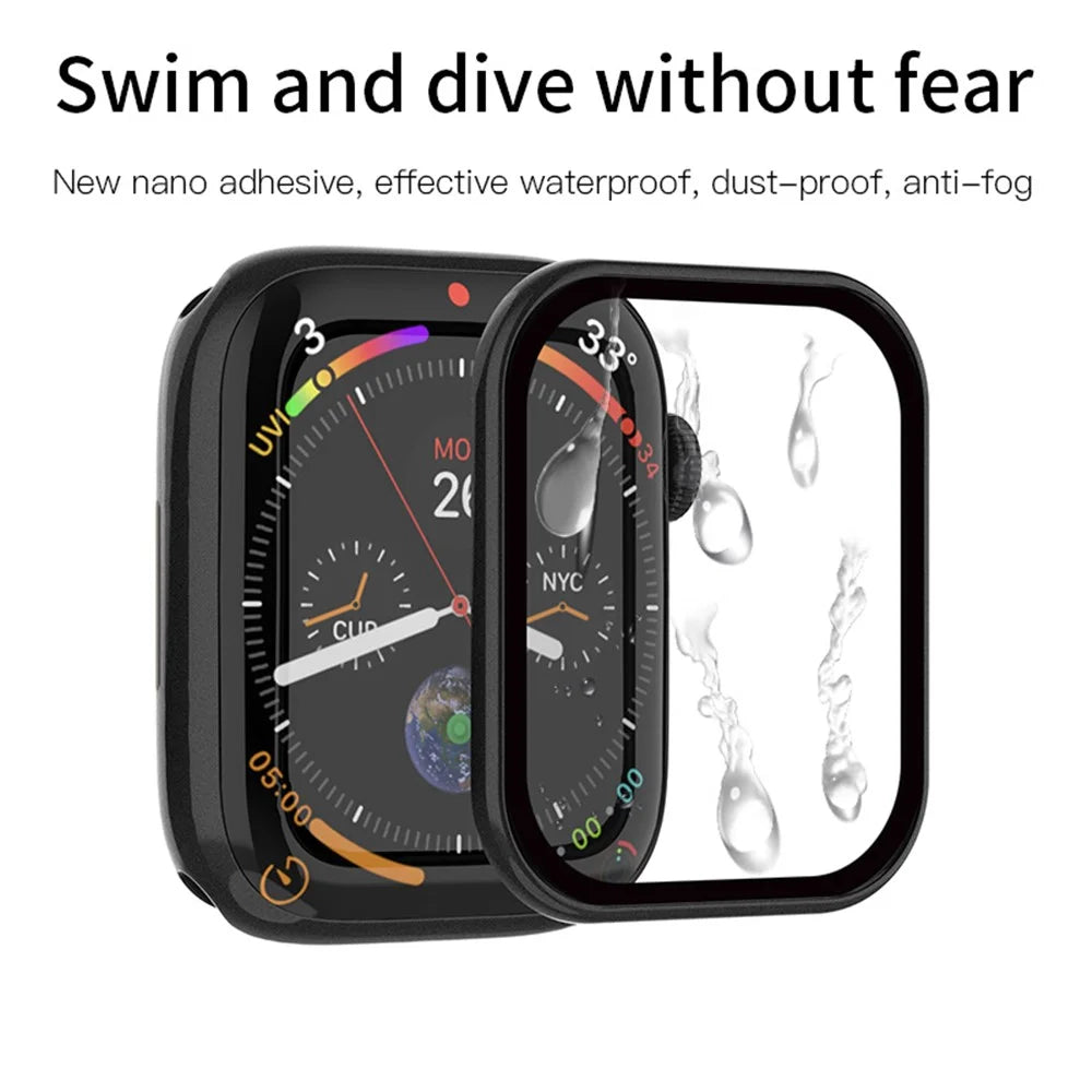 RURIHAI Tempered Glass Screen Film for Apple Watch Series 9 / 8 / 7 41mm PC Frame Watch Screen Protector - Black - 4