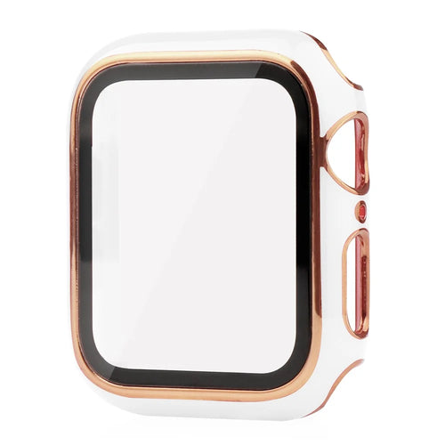 Electroplating Hard PC and Tempered Glass Film Smart Watch Case for Apple Watch Series SE3 / SE2 / SE1 /  6 / 5 / 4 44mm - White / Gold - 1