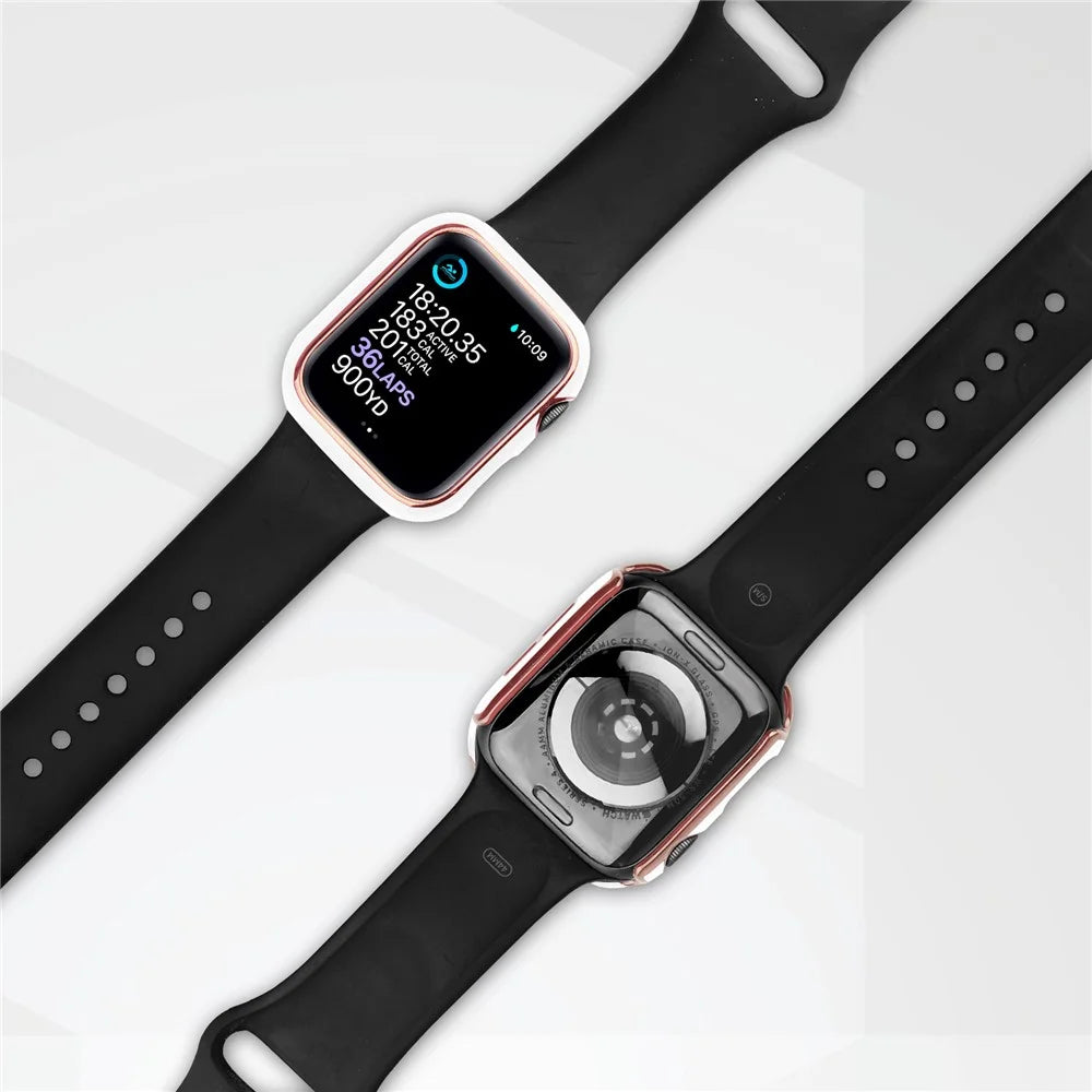 Electroplating Hard PC and Tempered Glass Film Smart Watch Case for Apple Watch Series SE3 / SE2 / SE1 /  6 / 5 / 4 44mm - White / Gold - 5