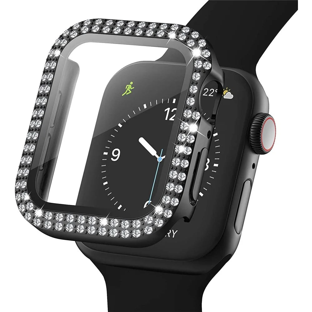 Shiny Rhinestone Protective Watch Case Cover with Tempered Glass Film for Apple Watch Series 3/2/1 38mm - Black - 1