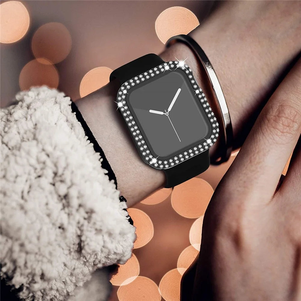 Shiny Rhinestone Protective Watch Case Cover with Tempered Glass Film for Apple Watch Series 3/2/1 38mm - Black - 2