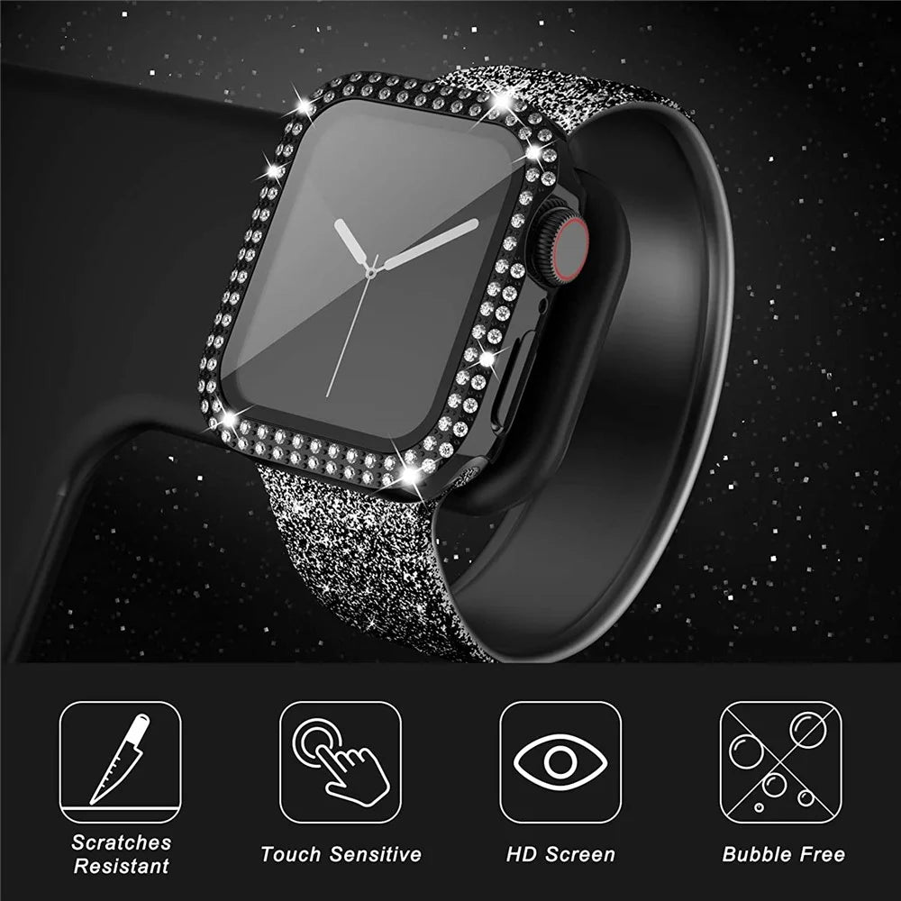 Shiny Rhinestone Protective Watch Case Cover with Tempered Glass Film for Apple Watch Series 3/2/1 38mm - Black - 3