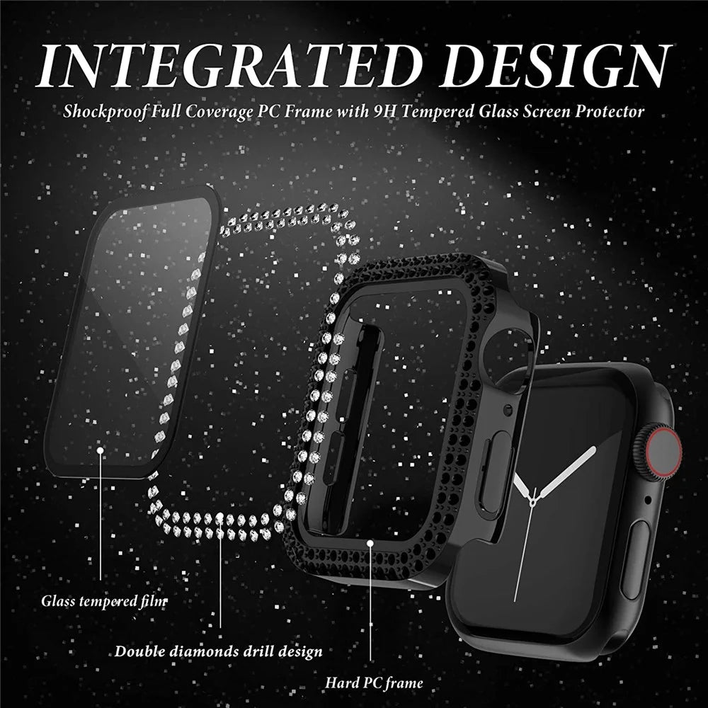 Shiny Rhinestone Protective Watch Case Cover with Tempered Glass Film for Apple Watch Series 3/2/1 38mm - Black - 4