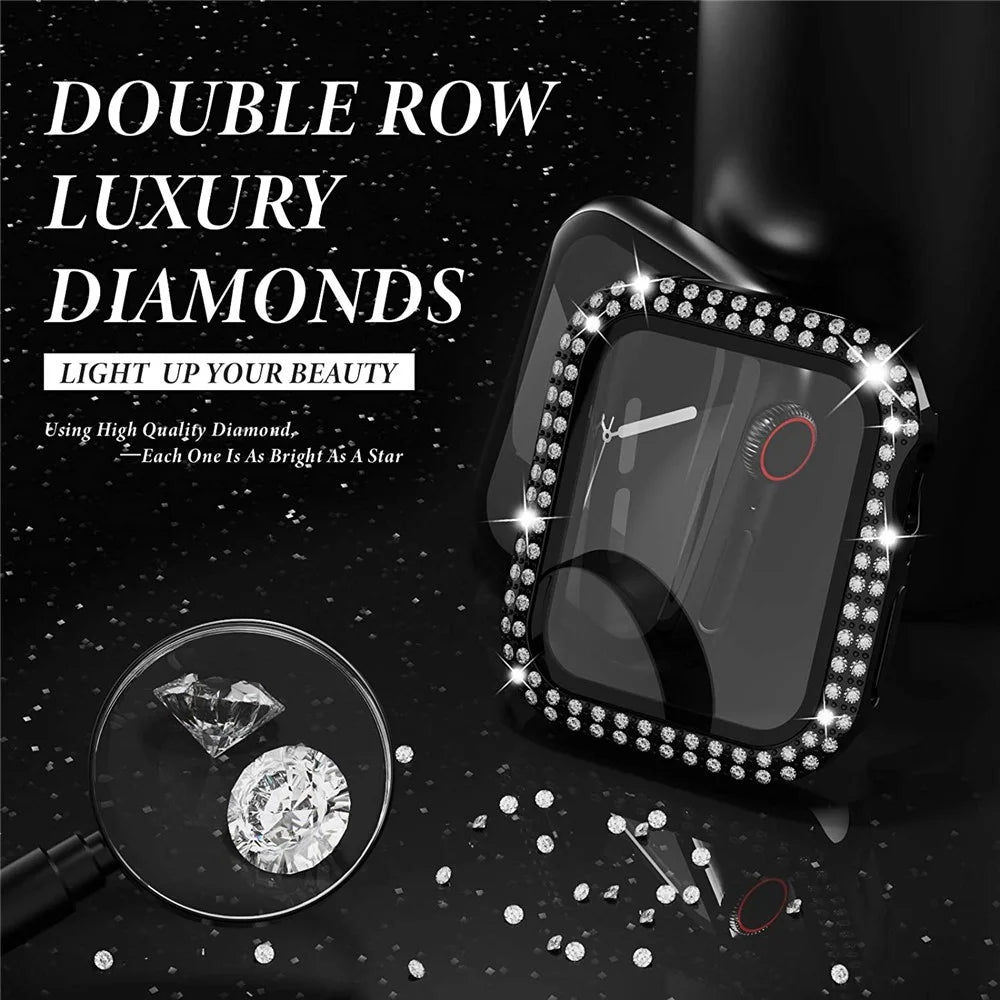 Shiny Rhinestone Protective Watch Case Cover with Tempered Glass Film for Apple Watch Series 3/2/1 38mm - Black - 5