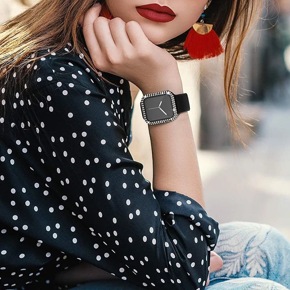 Shiny Rhinestone Protective Watch Case Cover with Tempered Glass Film for Apple Watch Series 3/2/1 38mm - Black - 6