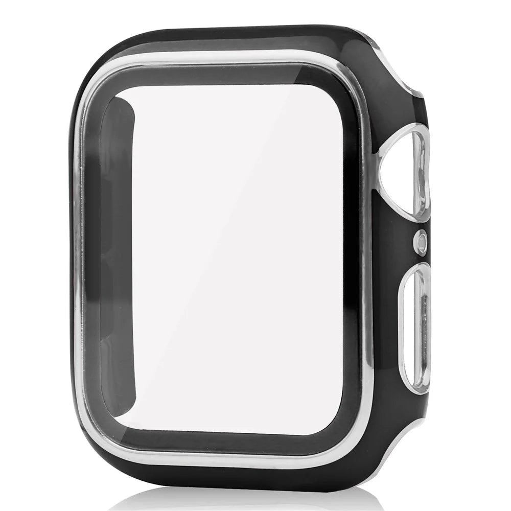 Electroplating Hard PC Watch Case Cover with Tempered Glass Screen Protector for Apple Watch Series 9 / 8 / 7 45mm - Black / Silver - 1