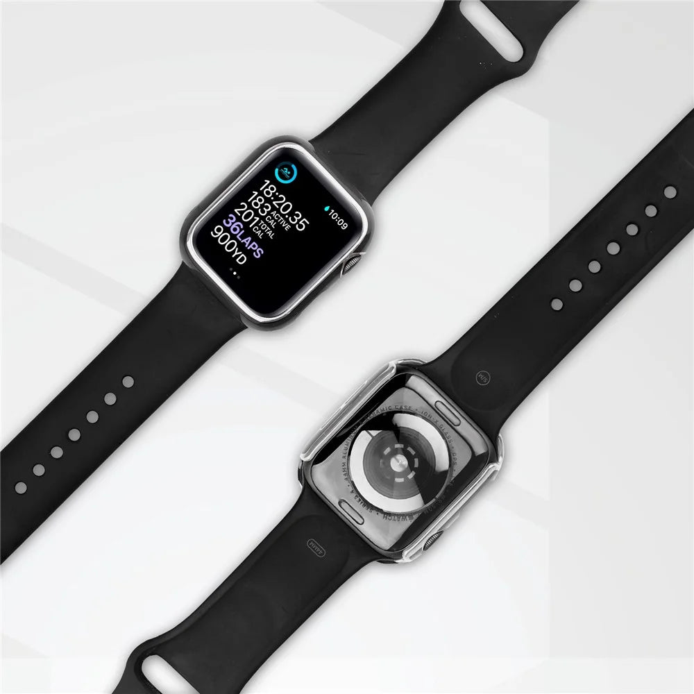 Electroplating Hard PC Watch Case Cover with Tempered Glass Screen Protector for Apple Watch Series 9 / 8 / 7 45mm - Black / Silver - 5