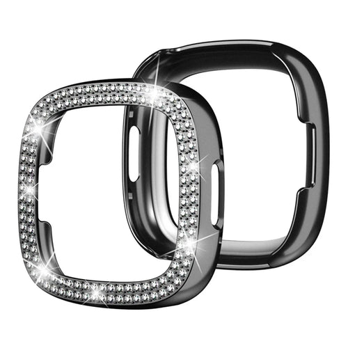 For Fitbit Versa 4 / Sense 2 Two Row Rhinestones Decor Hard PC Smart Watch Case Anti-scratch Protective Frame - Black - 1