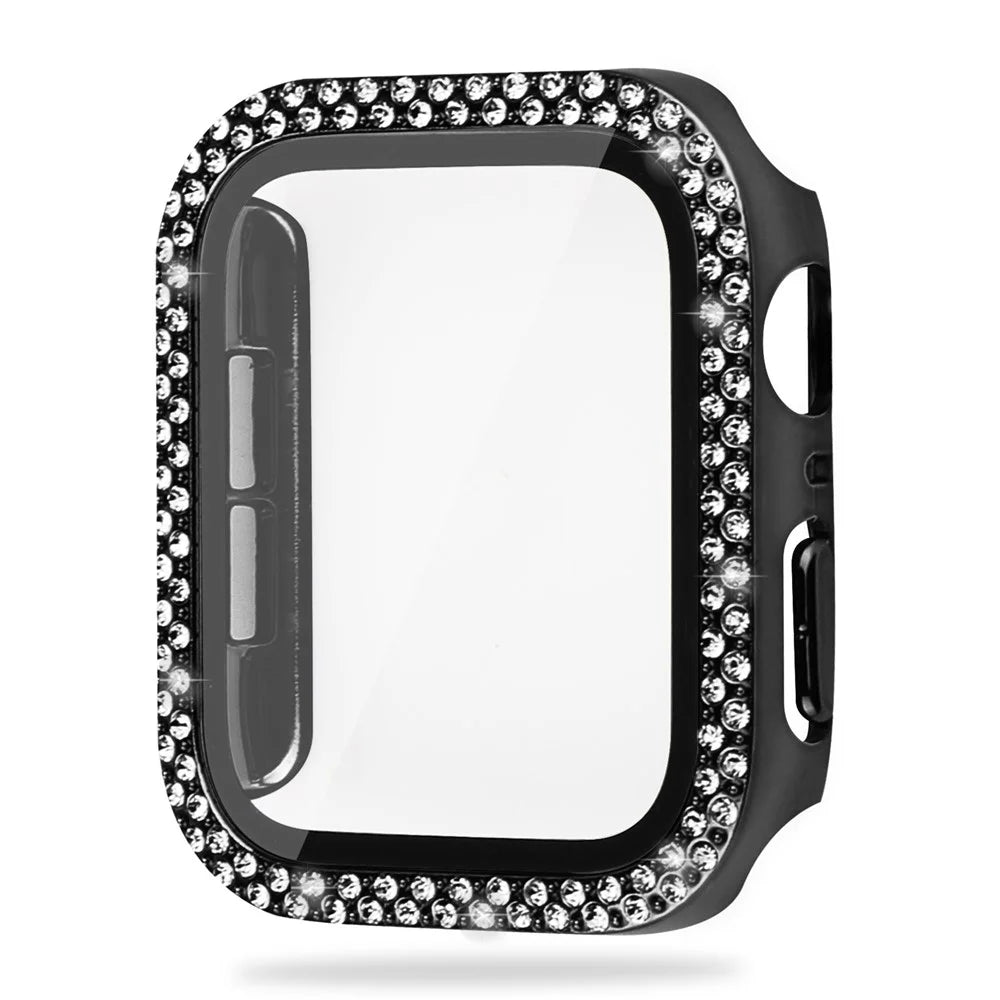 For Apple Watch SE (2022) / SE / Series 6 / 5 / 4 44mm Double Bling Rhinestone Overall Hard PC Case with Tempered Glass Screen Protector Integrated Watch Cover - Black - 1