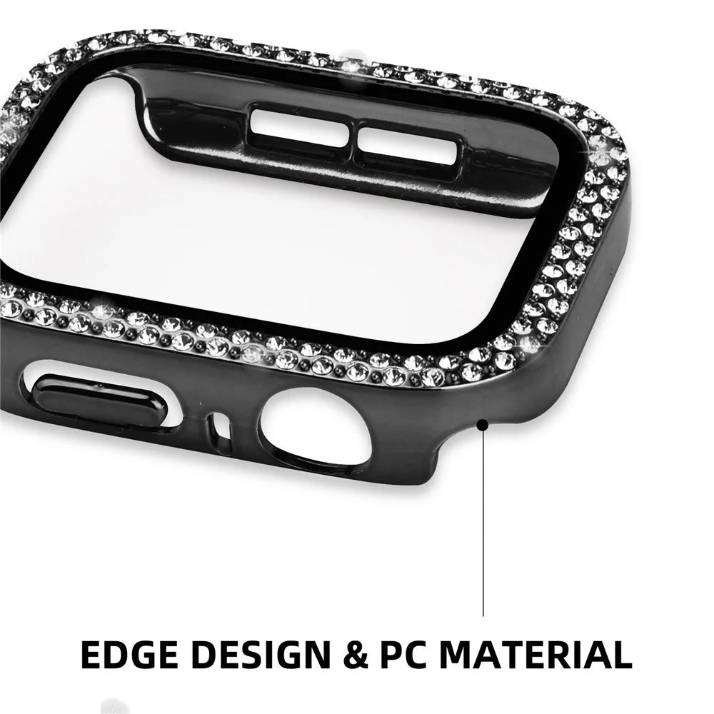 For Apple Watch SE (2022) / SE / Series 6 / 5 / 4 44mm Double Bling Rhinestone Overall Hard PC Case with Tempered Glass Screen Protector Integrated Watch Cover - Black - 2