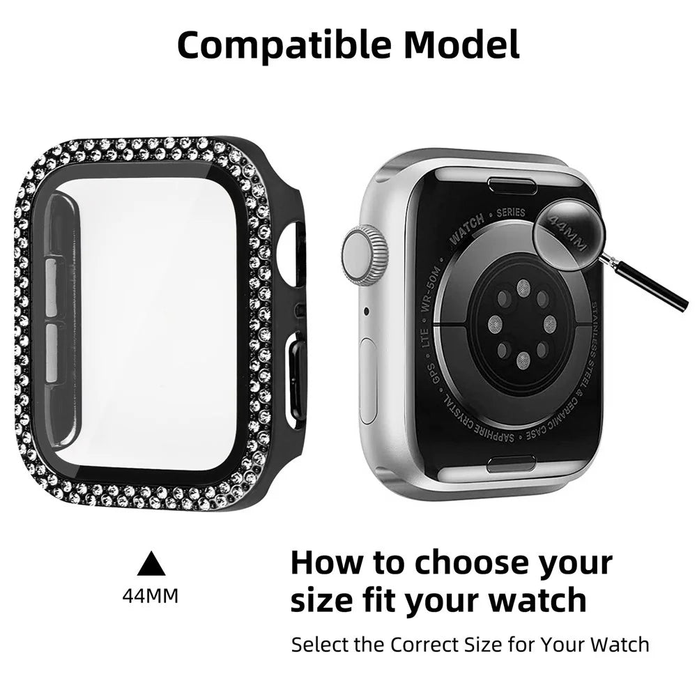 For Apple Watch SE (2022) / SE / Series 6 / 5 / 4 44mm Double Bling Rhinestone Overall Hard PC Case with Tempered Glass Screen Protector Integrated Watch Cover - Black - 4