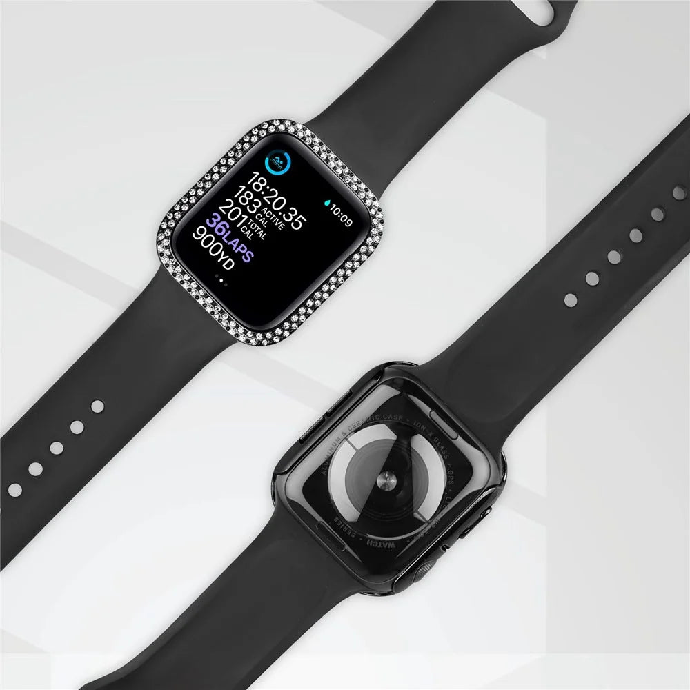 For Apple Watch SE (2022) / SE / Series 6 / 5 / 4 44mm Double Bling Rhinestone Overall Hard PC Case with Tempered Glass Screen Protector Integrated Watch Cover - Black - 5