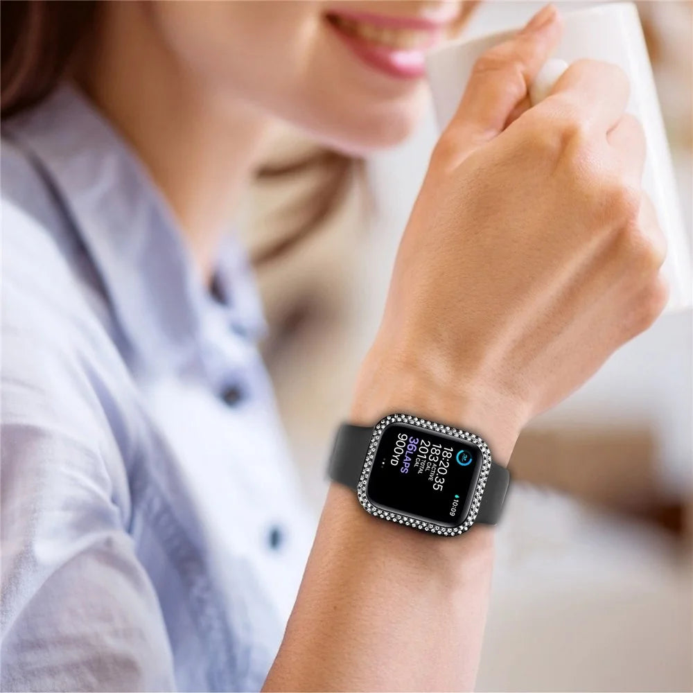 For Apple Watch SE (2022) / SE / Series 6 / 5 / 4 44mm Double Bling Rhinestone Overall Hard PC Case with Tempered Glass Screen Protector Integrated Watch Cover - Black - 7