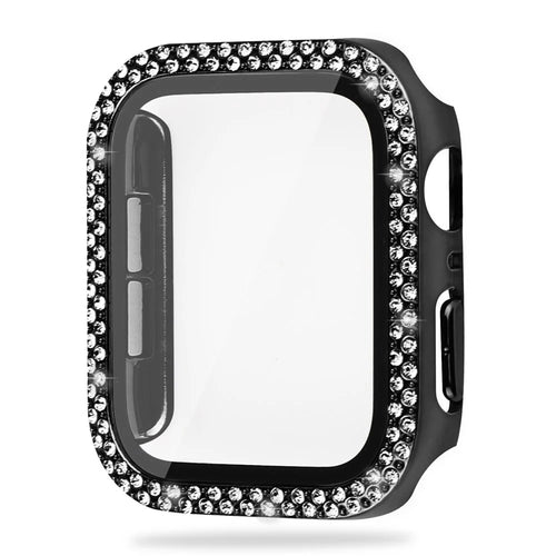 For Apple Watch Series 9 / 8 / 7 41mm Rhinestone Watch Case with Tempered Glass Screen Protector Hard PC Overall Protective Cover - Black - 1